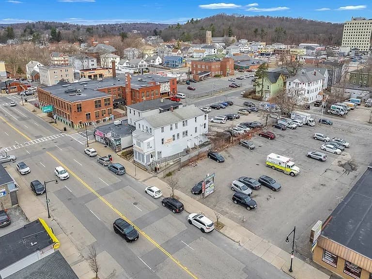 Aerial exterior of 227 Chandler Street Worcester MA — mixed-use commercial-residential building on Chandler Street commercial corridor